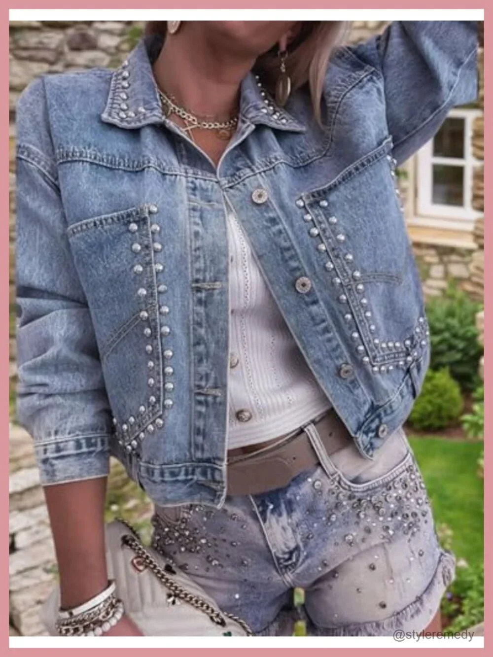 Rivet Studded Denim Jacket Women's Cropped Casual Jean Coat with 85% Cotton